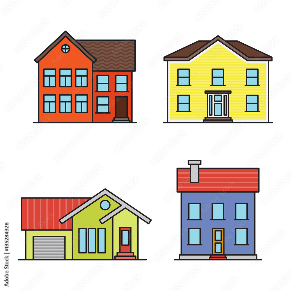 set of retro flat residential house icons