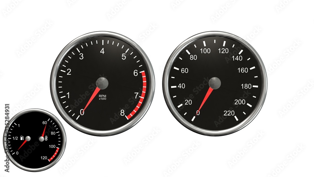 Tachometer , speedometer, fuel and temperatur. Round gauges in chrome frames isolated on white background Tachometer , speedometer, fuel and temperatur. Round gauges in chrome frames isolated on white background