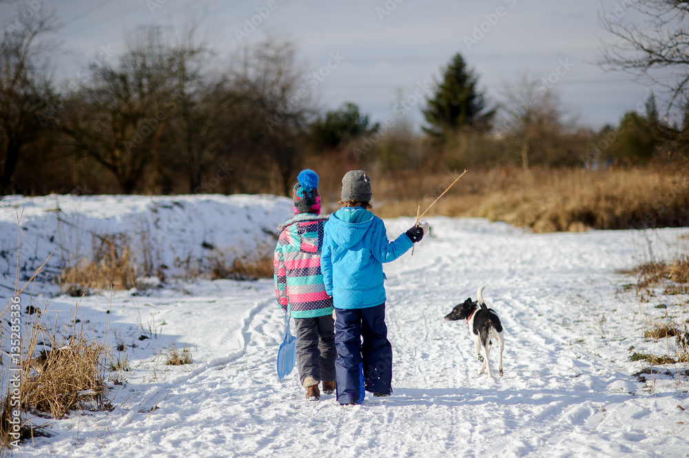 Two children and their dog on winter walk.