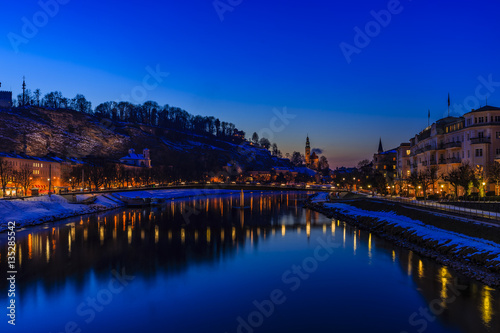 Panoramic night view of Salzburg and river Salzach  Salzburger L