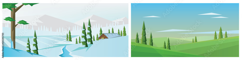 Digital vector abstract background collection set with winter pines, snow and ice river and clouds, village house, mountains, flat triangle style