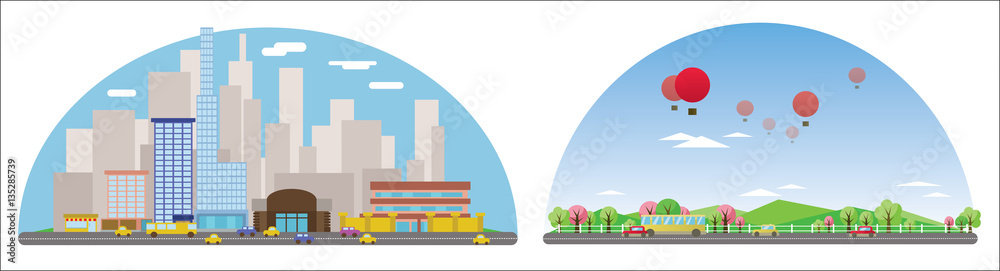 Digital vector abstract background collection set with cityscape, road and cars, high buildings and clouds, flat triangle cartoon style