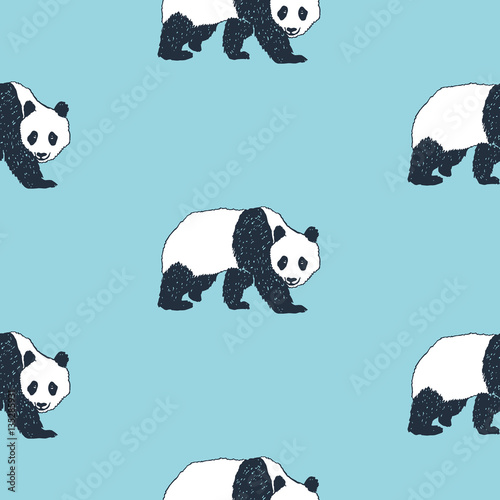 Seamless pattern with hand drawn panda vector illustration. Blue background.