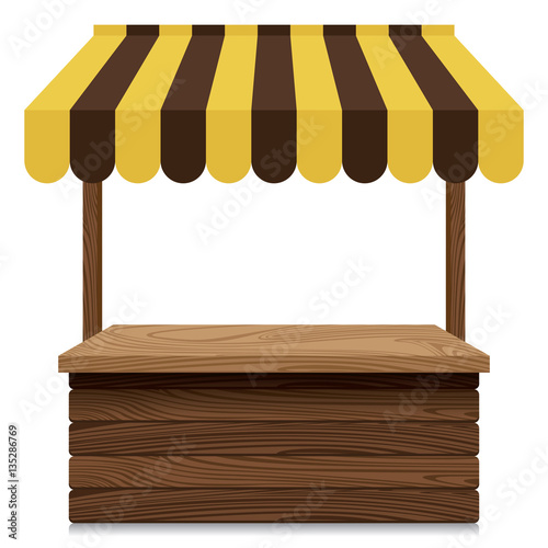 Wooden market stall with yellow and brown awning on white background.