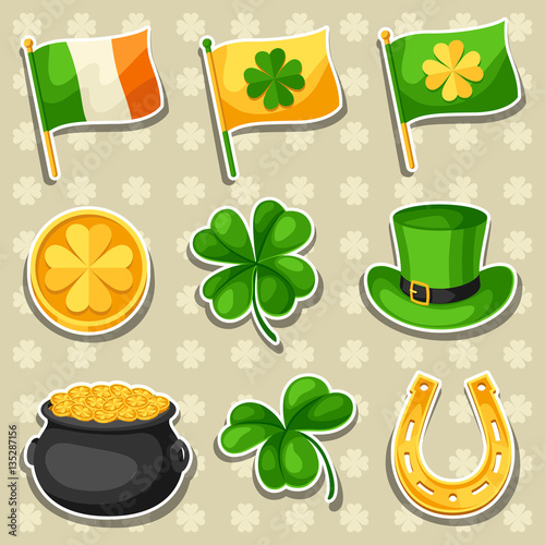 Saint Patricks Day objects. Flag Ireland, pot of gold coins, shamrocks, green hat and horseshoe