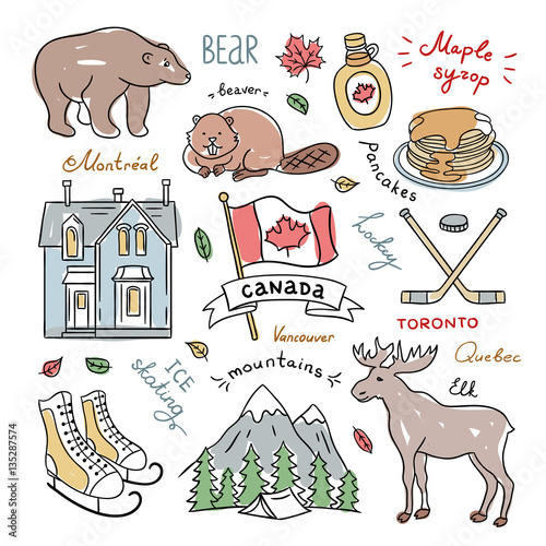 Canada symbols hand drawn illustrations. Canada doodles: animals, food, sport, nature