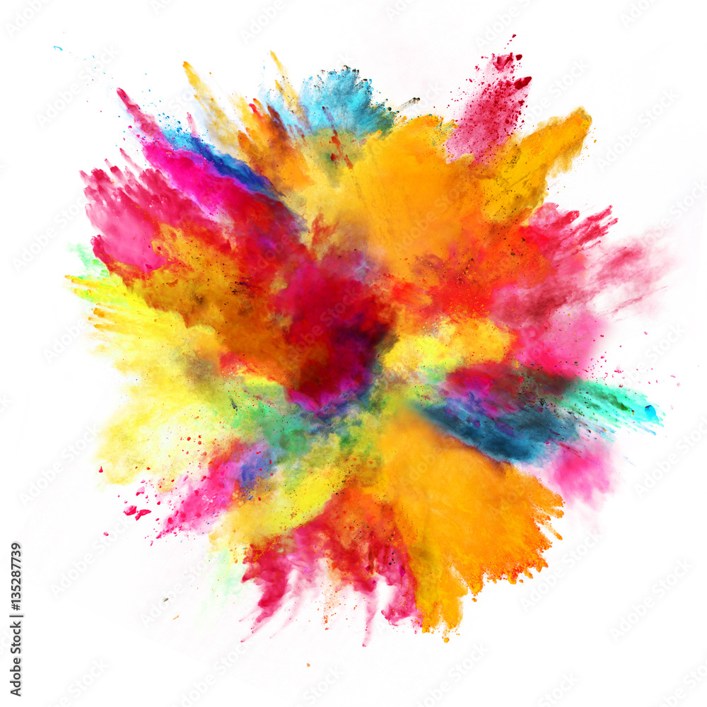 Explosion of colored powder on white background - obrazy, fototapety, plakaty 