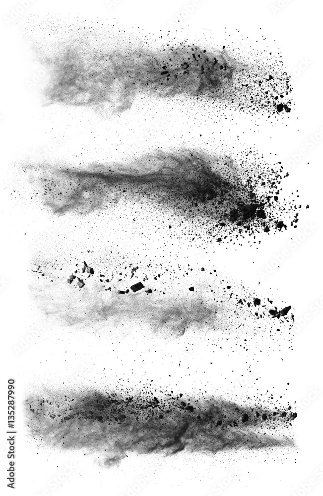 Freeze motion of black dust explosions on white background
