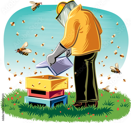 Beekeeper takes care of his hive, surrounded by worker bees