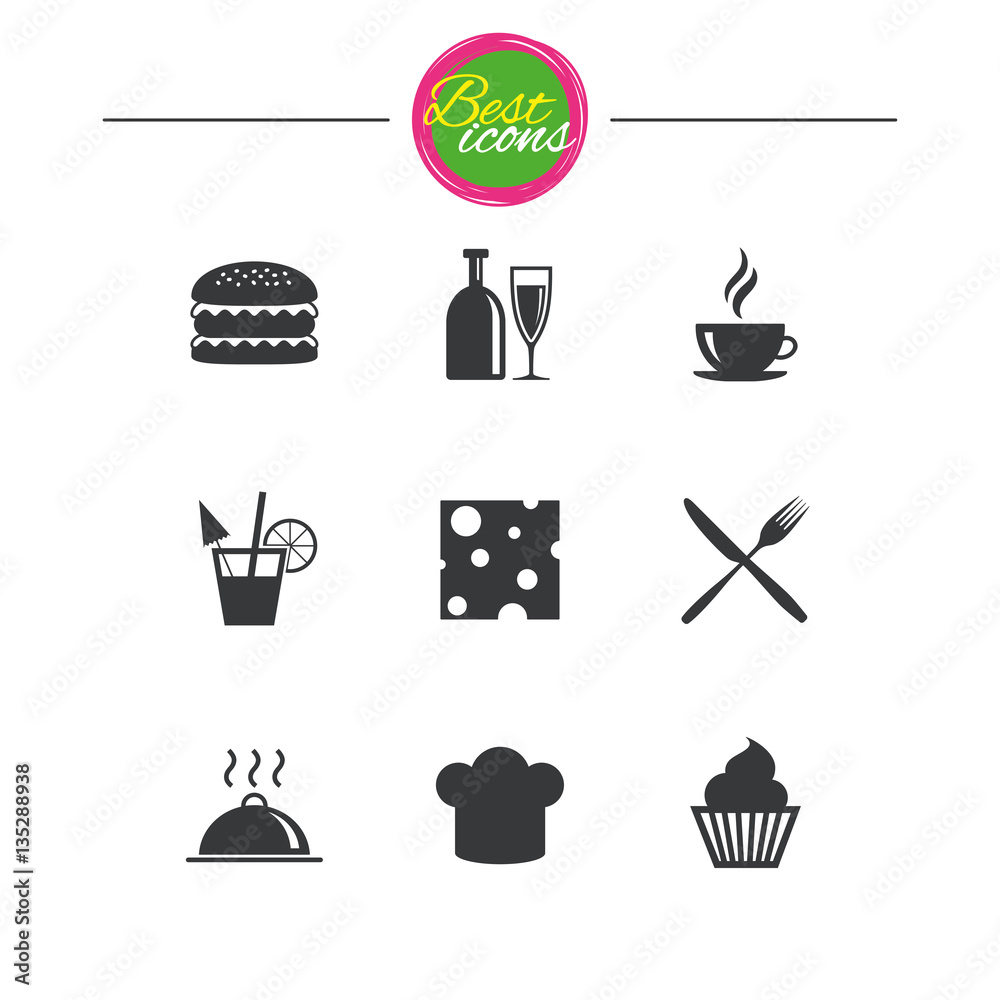 Food, drink icons. Coffee and hamburger signs.