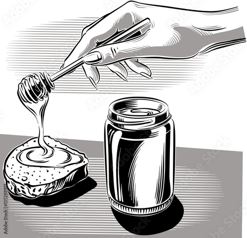 Jar of honey and female hand stretches of honey on a slice of bread.
