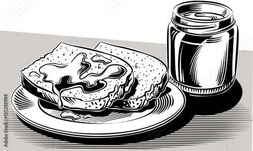 Jar of honey and slices of bread.