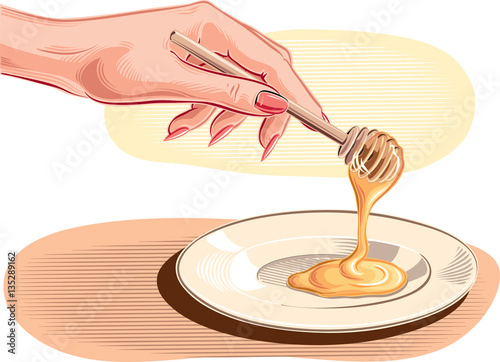 Female hand pouring honey into a saucer.
