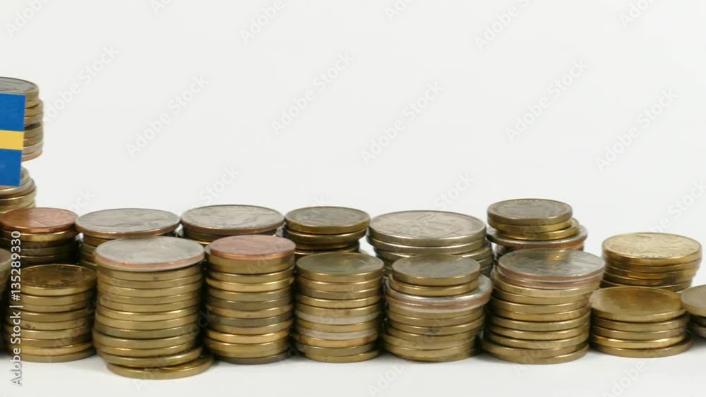 Sweden flag waving with stack of money coins Sweden flag waving with stack of money coins