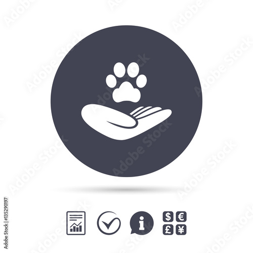 Shelter pets sign icon. Hand holds paw symbol.