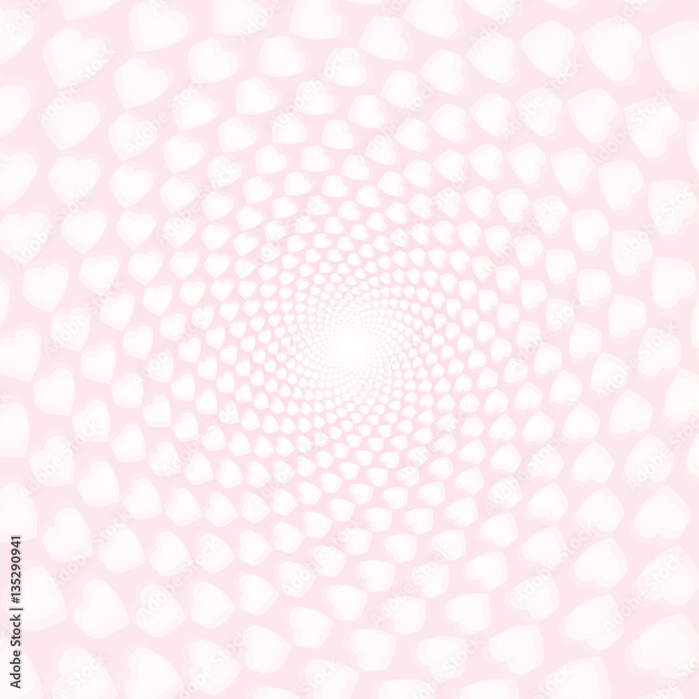 Twisted hearts with tunnel effect. Vector light pink wallpaper.