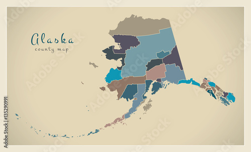Modern Map - Alaska county map coloured states USA illustration