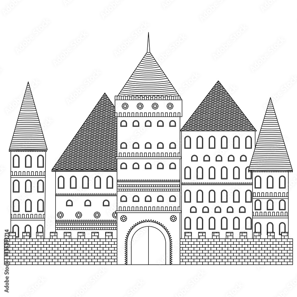 Medieval tower vector. Coloring book fortress.