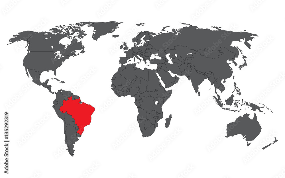 Fototapeta premium Brazil red on gray world map vector