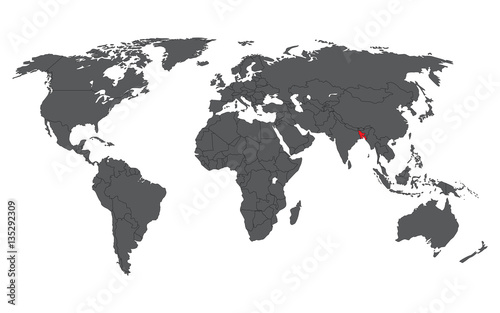 Bangladesh red on gray world map vector