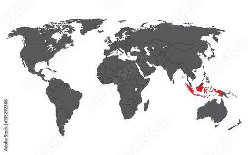 Indonesia red on gray world map vector