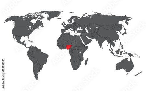 Nigeria red on gray world map vector