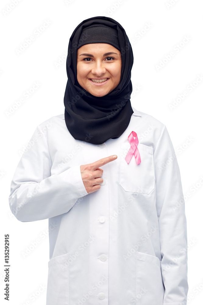 muslim doctor with breast cancer awareness ribbon muslim doctor with breast cancer awareness ribbon