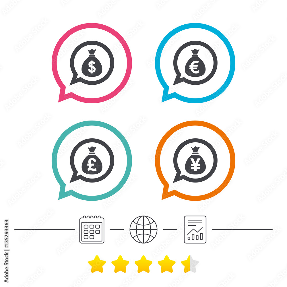 Money bag icons. Dollar, Euro, Pound and Yen. Money bag icons. Dollar, Euro, Pound and Yen.