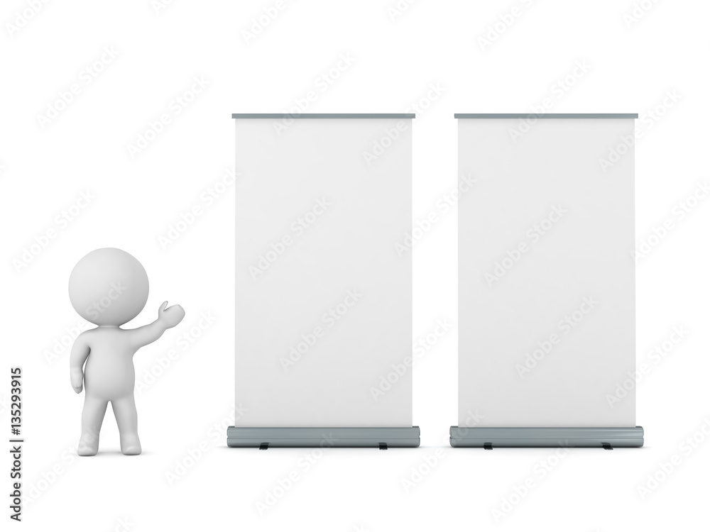 3D Character Showing Two Rollup Advertising Posters 3D Character Showing Two Rollup Advertising Posters