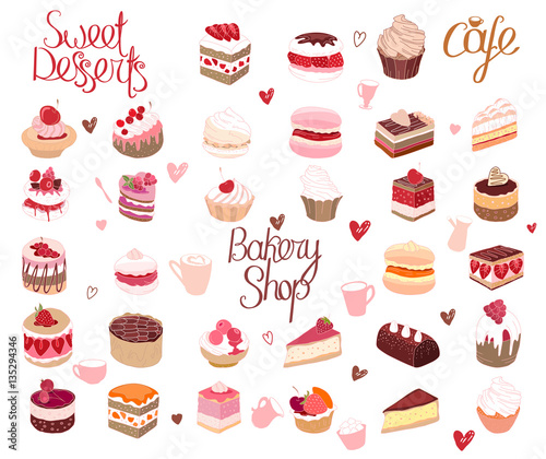 Set with different kinds of dessert. cake, muffin, macaroon, pie. For your design, announcements, postcards, posters, restaurant menu.