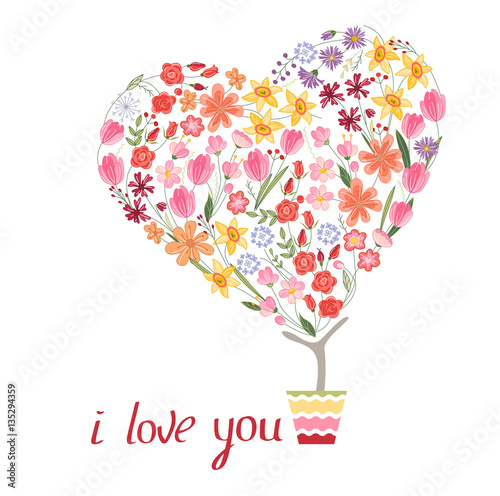 Stylized tree in cute flower pot. Topiary with heart made of different flowers