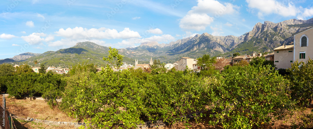 Zitrusbäume in Soller, Panorama, Mallorca, Spanien