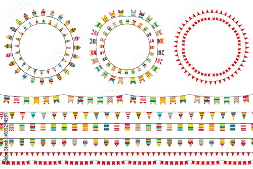 Round festive frames with flags, endless horizontal textures. Seamless pattern brushes.