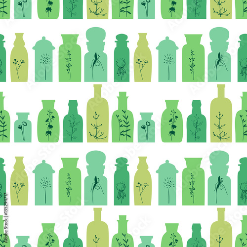 Seamless pattern with small vintage bottles. Endless texture for your design