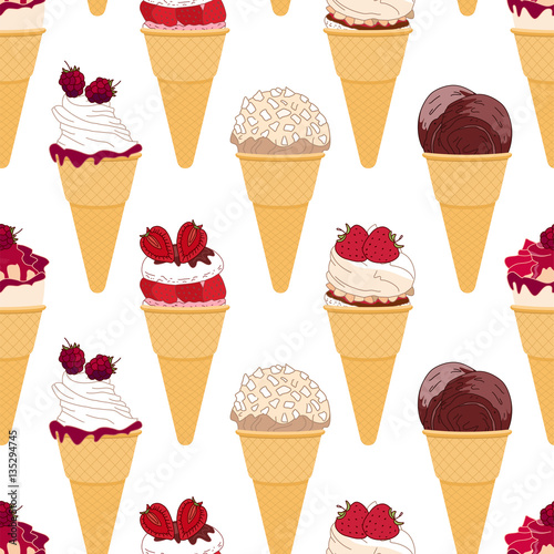 Seamless pattern with various icecreams  in cones. Different taste and color.