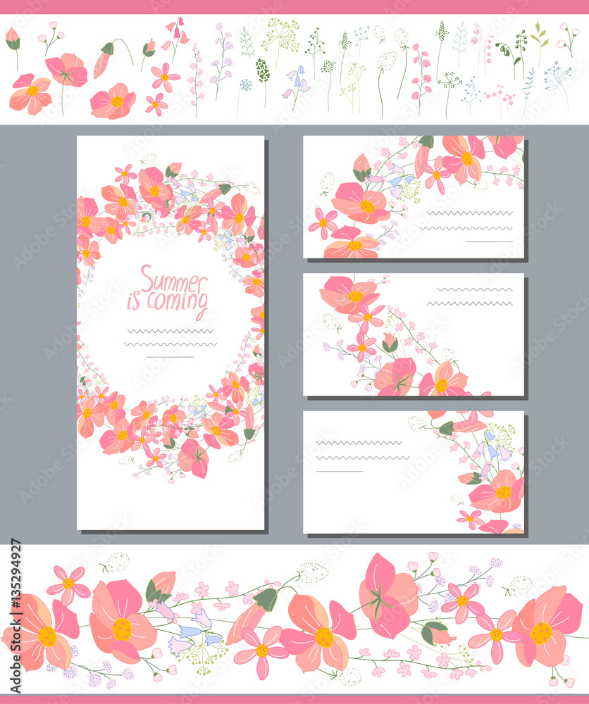 Floral spring templates with cute bunches of red flowers. Endless horizontal pattern brush. For romantic and wedding design, announcements, greeting cards, posters, advertisement.