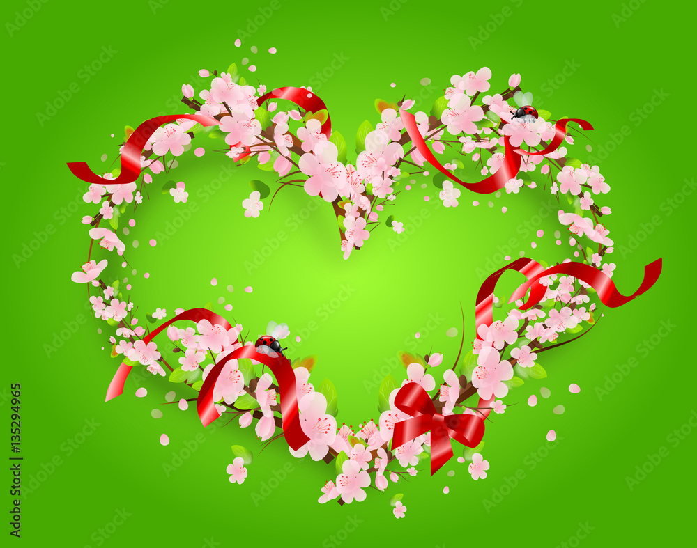 Blossom heart on green background with red ribbon