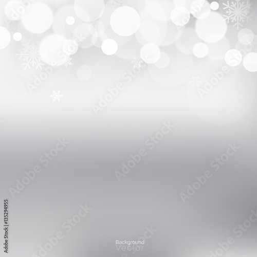 White bokeh and snowflakes, border design, on gradient light gray background