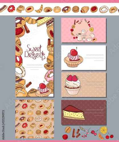 Square template with different pastry.For your design, announcements, posters, restaurant menu.