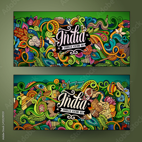 Cartoon vector hand drawn doodles India banners