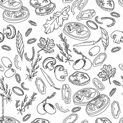 Seamless pattern with different vegetables and herbs. Endless texture for your design, announcements, fabrics, cards, posters, restaurant and cafe menu. Black and white
