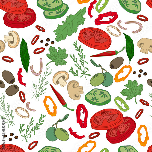Fototapeta Naklejka Na Ścianę i Meble -  Seamless pattern with different vegetables and herbs. Endless texture for your design, announcements, fabrics, cards, posters, restaurant and cafe menu.