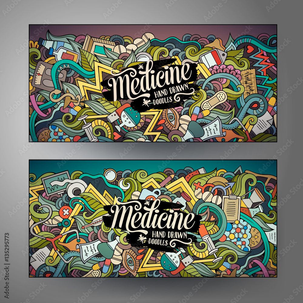 Cartoon vector hand drawn doodles Medical banners