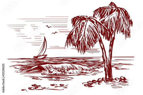 Summer beach landscape hand drawn vector illustration sketch
