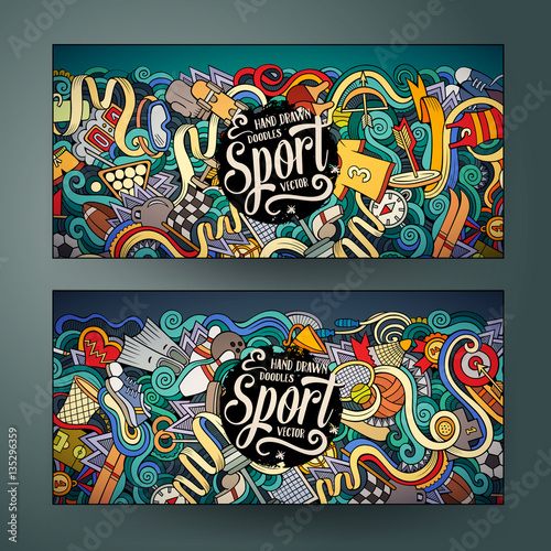 Cartoon vector hand drawn doodles Sport banners