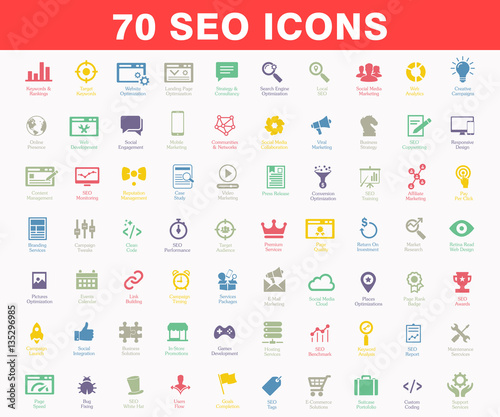 Simple SEO Icons Set. Universal SEO Elements and Icons Illustration Can Be Used As Web And Mobile UI, Set Of Basic SEO Elements With Colors
