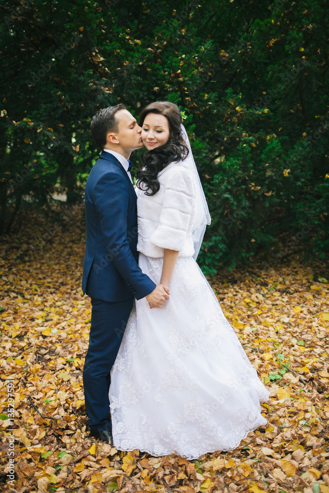 Wedding photo shoot. Beautiful groom and bride in nature.