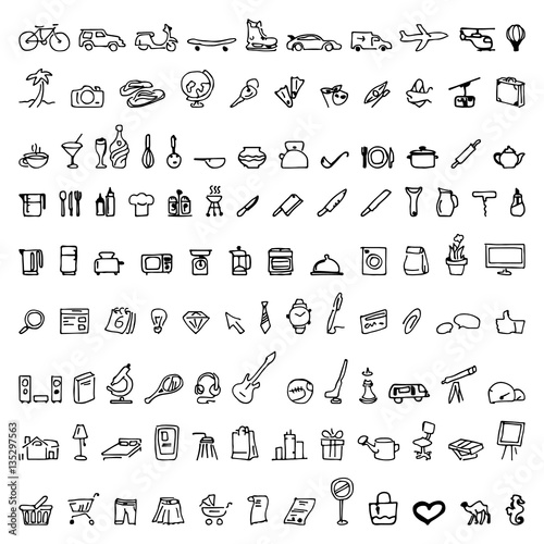 Big doodle set with hand drawn vector elements, logos, including business, travel, kitchen, hotel, educational, hobbies icons.