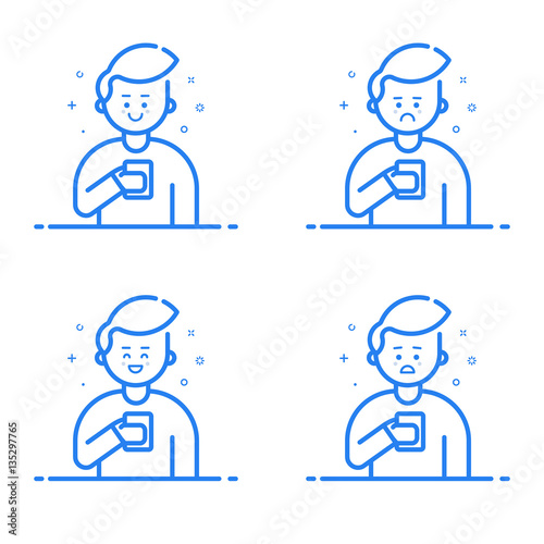 Vector illustration in flat linear style. Boy holding mobile phone with smile on his face.