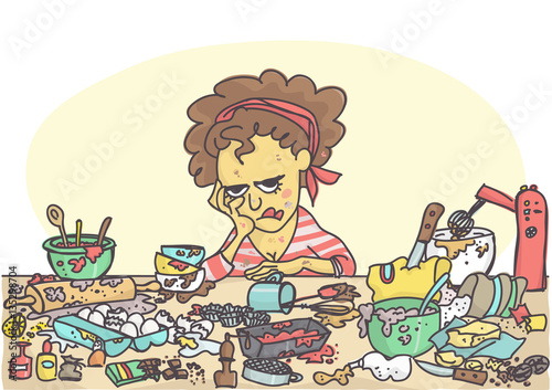 Depressed, sad and stressed woman sitting at messy table full with pastries items and ingredients